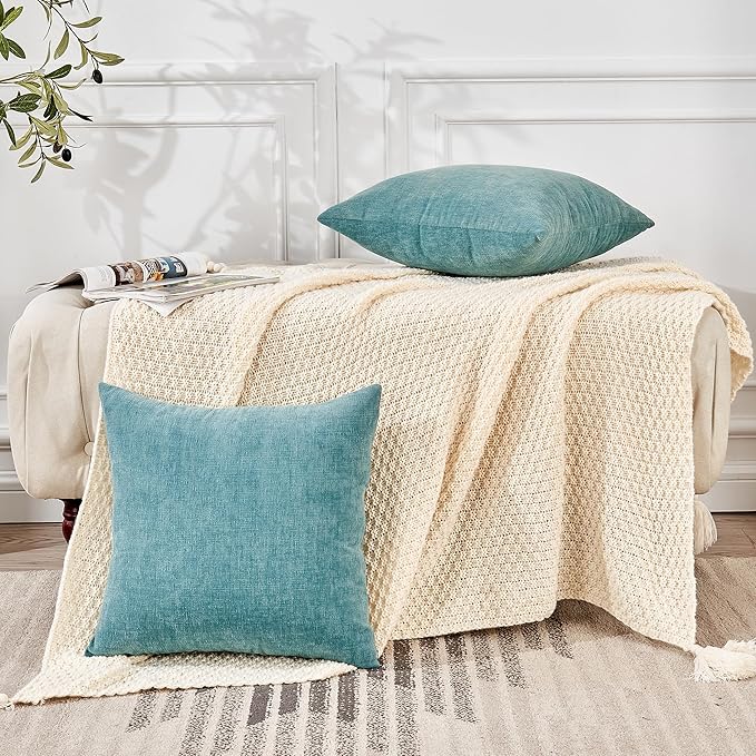 GAWAMAY Decorative Throw Pillow Covers 16x16 Inch Set of 2, Super Soft Chenille Square Pillows Farmhouse Fall Pillowcase for Living Room Bedroom Sofa Couch Cushion Cover Smoke Blue 40x40cm