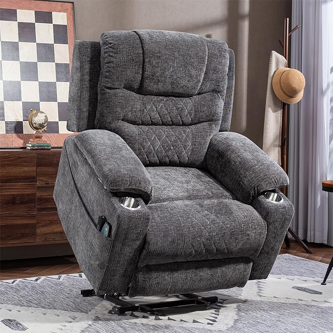 Big Man 400lbs Recliners with Extended Foot Rest and Armrest Storage, Oversized Power Lift Recliner Chair with Heat Massage and Cup Holders for Elderly