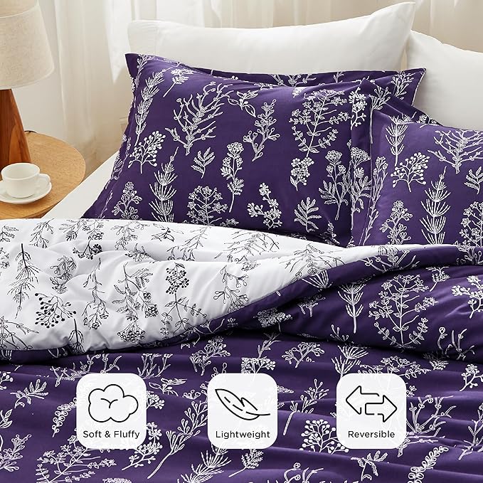 Bedsure Queen Comforter Set - Dark Purple Bed Set, 3 Pieces Cute Floral Bedding, 1 Soft Reversible Botanical Flowers Comforter and 2 Pillow Shams