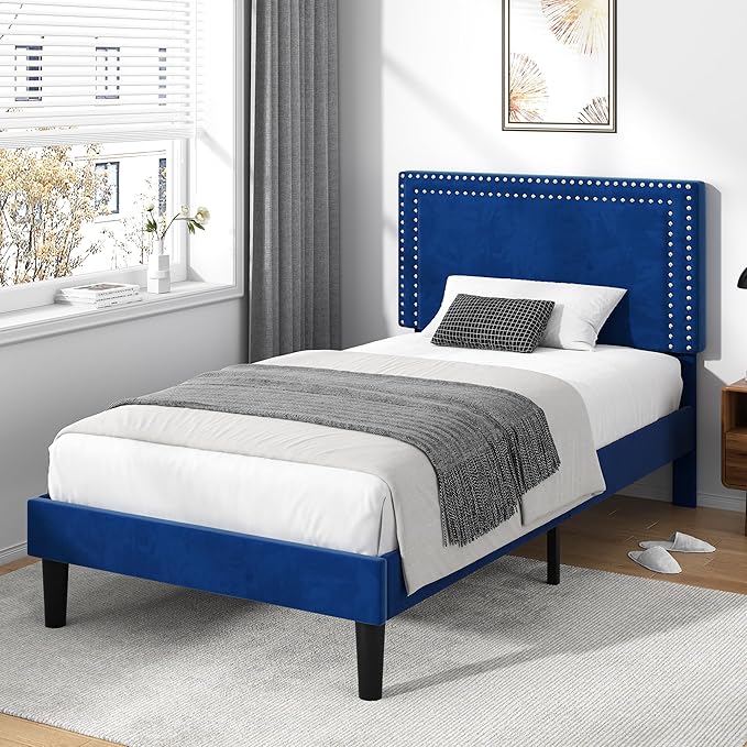 VECELO Twin Size Platform Bed Frame with Adjustable Upholstered Headboard, Strong Wood Slat Support, No Box Spring Needed, Easy Assembly