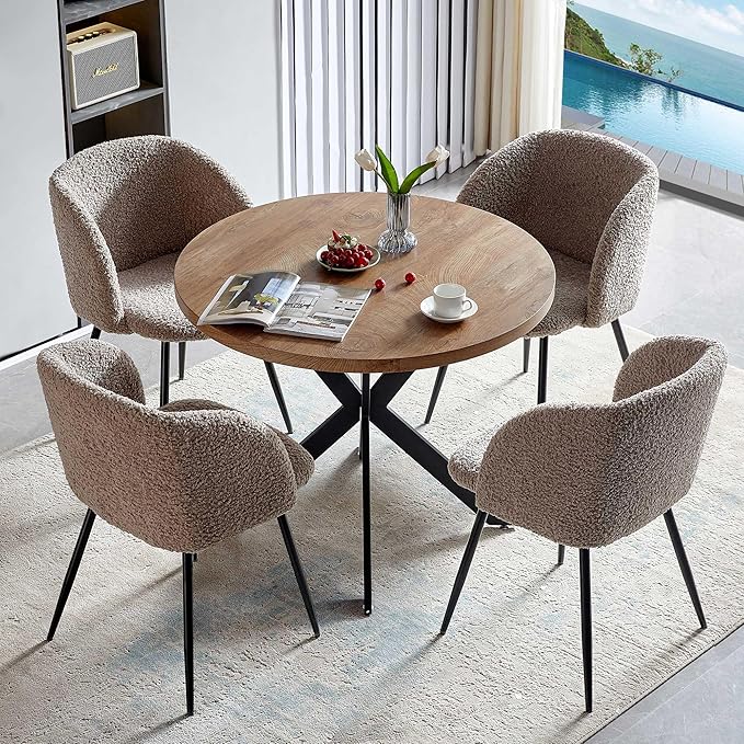 5 PCS Kitchen Dining Table Set, 37" Round Breakfast Dining Table MDF Tabletop, Space Saving Coffee Table Set for 4, Cozy Fluffy Sherpa Armchair Upholstered Dining Chairs with Metal Legs