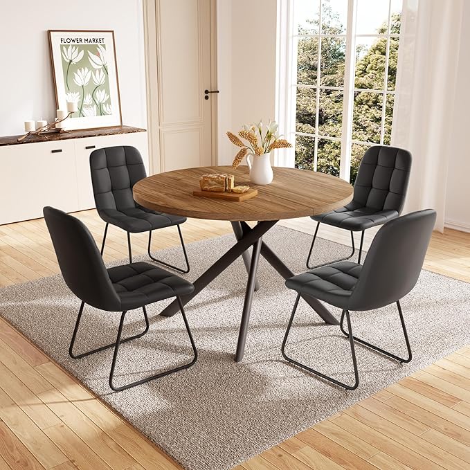 45.3 Inch Round Dining Table Set for 4, Mid Century Modern Small Coffee Set for Dining Room Kitchen Apartment (Light Walnut + 4 U-Shaped Black Chairs)