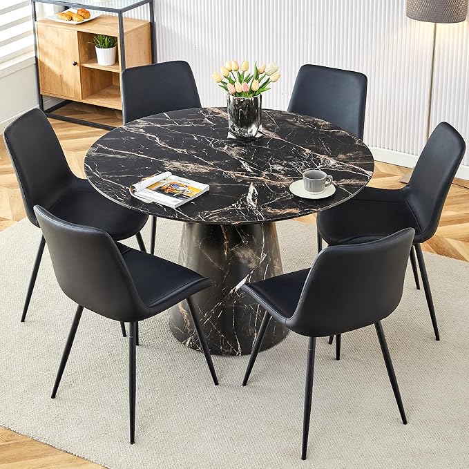 45 Inch Round Dining Table Set for 6, 7 Piece Kitchen Table and Chairs Set, White Faux Marble Table Top, Small Space Dining Set for Apartment or Dining Room