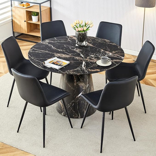 45 Inch Round Dining Table Set for 6, 7 Piece Kitchen Table and Chairs Set, White Faux Marble Table Top, Small Space Dining Set for Apartment or Dining Room