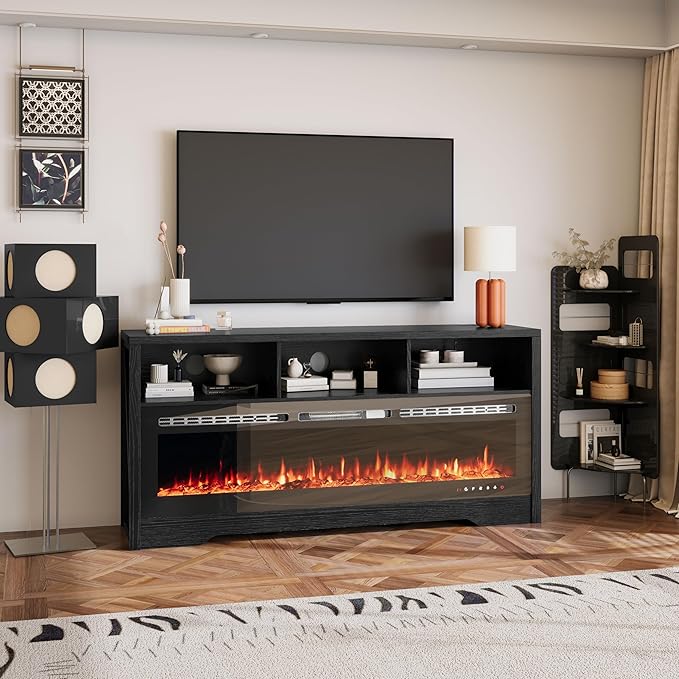 CharaVector Fireplace TV Stand with 60" Glass Electric Fireplace, Entertainment Center with Power Outlets for Up to 75" TVs, Black TV Cabinet with 3 Open Storage Cabinets, TV Console for Living Room