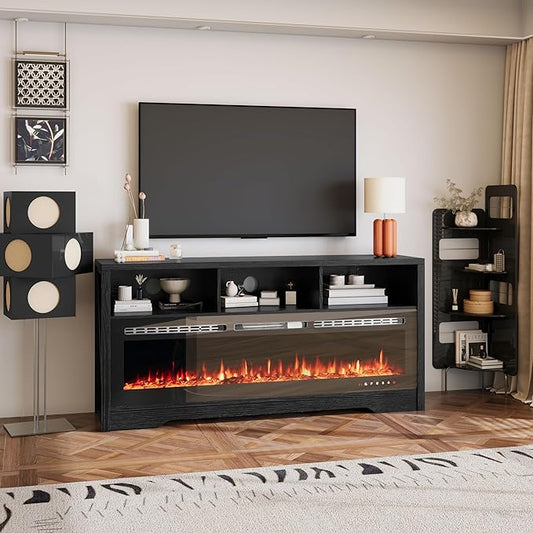 CharaVector Fireplace TV Stand with 60" Glass Electric Fireplace, Entertainment Center with Power Outlets for Up to 75" TVs, Black TV Cabinet with 3 Open Storage Cabinets, TV Console for Living Room