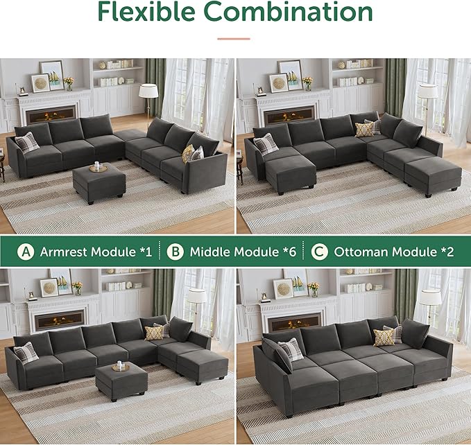 HONBAY Modular Sectional Sleeper Sofa Velvet Sleeper Couch with Storage Seats Oversized Sectional for Living Room,Grey
