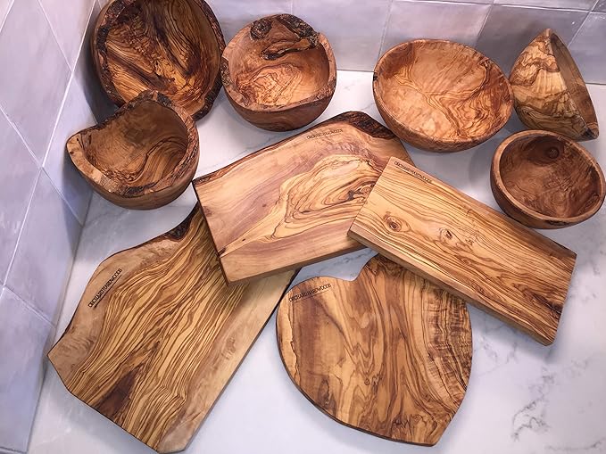10" Rustic Oval Artisan Olive Wood Dough Bowl Bread Basket Boat Shaped - Live bark edge. Natural Server for Fruit, Salads, Chips, Popcorn. In Lg 10" or XL 12". (Large 10x5-7x4”)