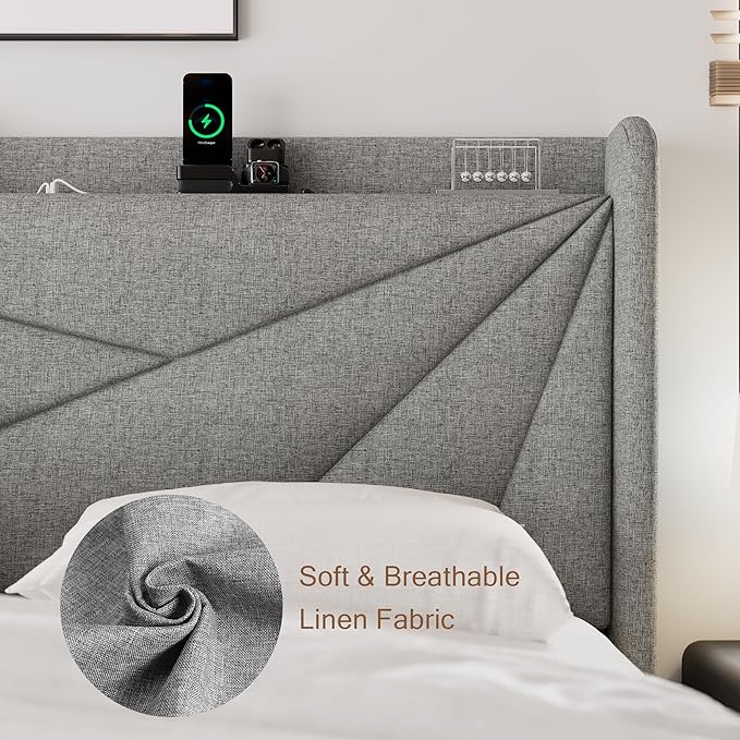 Full Size Upholstered Bed Frame with Charging Station, Platform Bed Frame with Storage Headboard, Solid Wood Slats Support, No Box Spring Needed, Light Gray