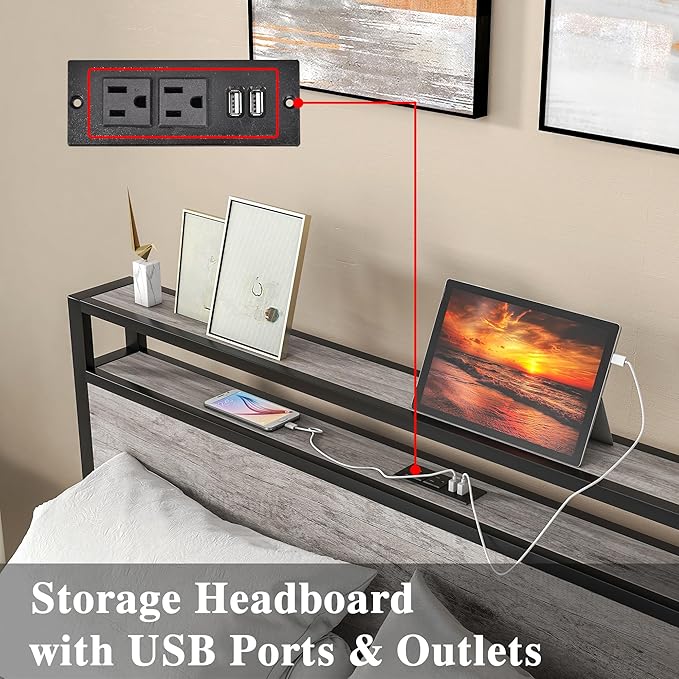 Full Size Bed Frame with Storage Headboard/USB Charging Station,Metal Platform Bed Frame Full Size No Box Spring Needed,Noise-Free,Strong Steel Slats Support,Warm Grey