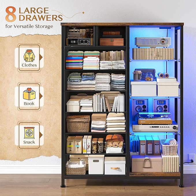 EnHomee Dresser for Bedroom with LED Lights & Power Outlets Tall Dresser with 8 Drawers Fabric Dressers & Chests of Drawers for Bedroom, Closet, Sturdy Metal Frame, Acrylic Plates (Rustic Brown)