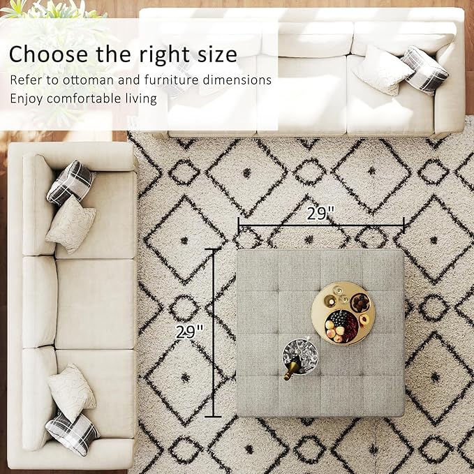 Large Square Ottoman Coffee Table, Linen Solid Upholstered Footrest Ottoman with Solid Wood Shelf Storage Tufted Coffee Table for Bedroom Living Room, Linen