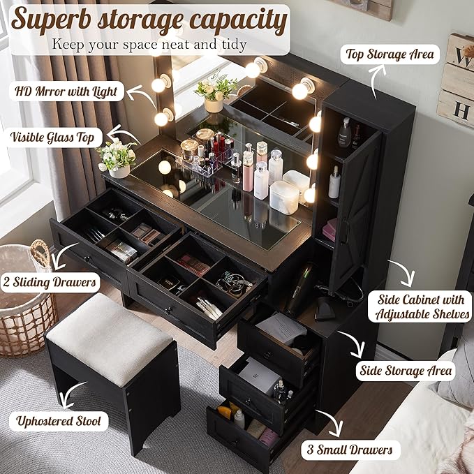 Farmhouse Vanity Desk with Mirror and Lights, 43" Wide Makeup Vanity with Glass Tabletop and Charging Station, Modern Vanity Table Set with Storage and Stool for Bedroom, Black