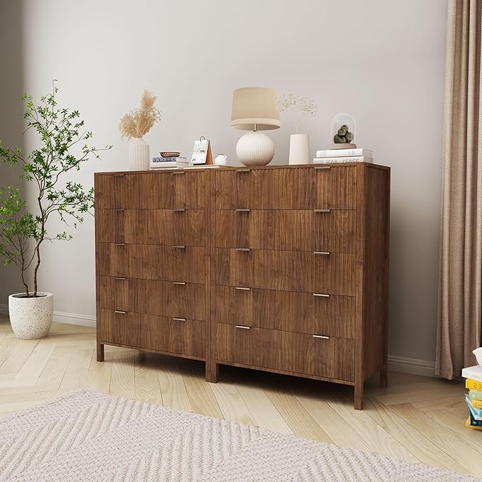 Fluted 5 Drawer Tall Dresser for Bedroom, Mid Century Modern Nightstand with Drawers, Tall Bedside Table for Closet Cloth, Living Room End Table with Storage for Dorm -Walnut