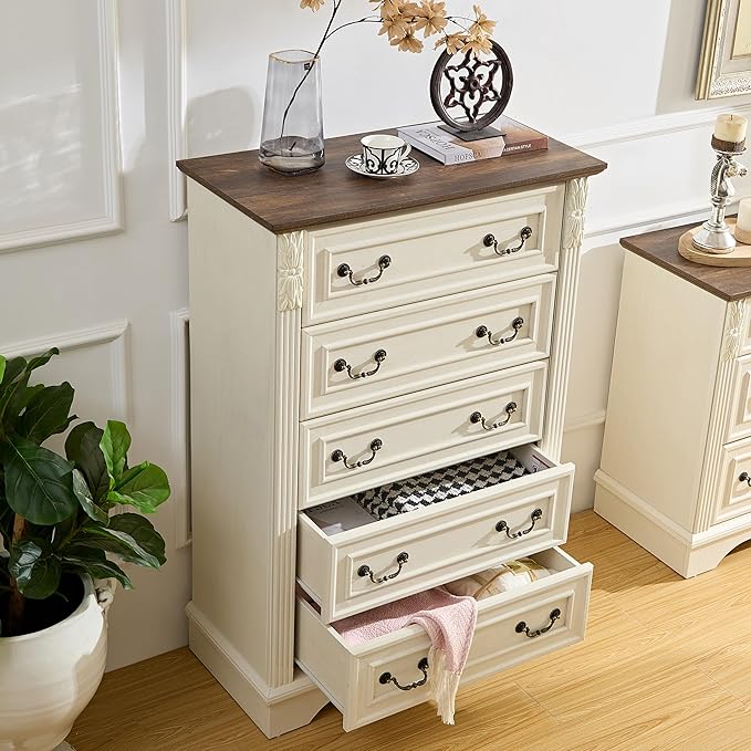 BLANKSPACE Farmhouse Dresser with 5 Drawers, Chest of Drawers for Bedroom, Hallway, Living Room, or Office Organization （Antique White）