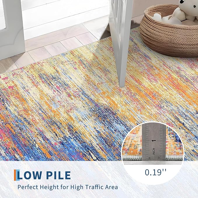 Washable Runner Rug 2x6 Modern Abstract Kitchen Rugs, Non Slip Bathroom Rug, Low Pile Laundry Room Soft Long Carpet for Hallway Bedroom Entryway, Blue/Orange