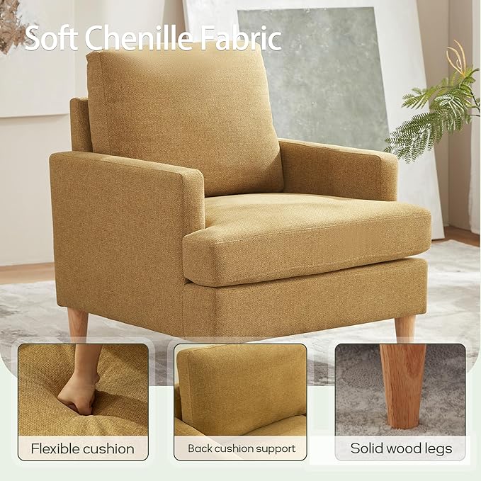 VKNOW Mid-Century Accent Chairs Set of 2, Modern Upholstered Chenille Armchair for Living Room,Comfy Reading Accent Chairs with Wood Legs for Bedroom, Yellow Polyester