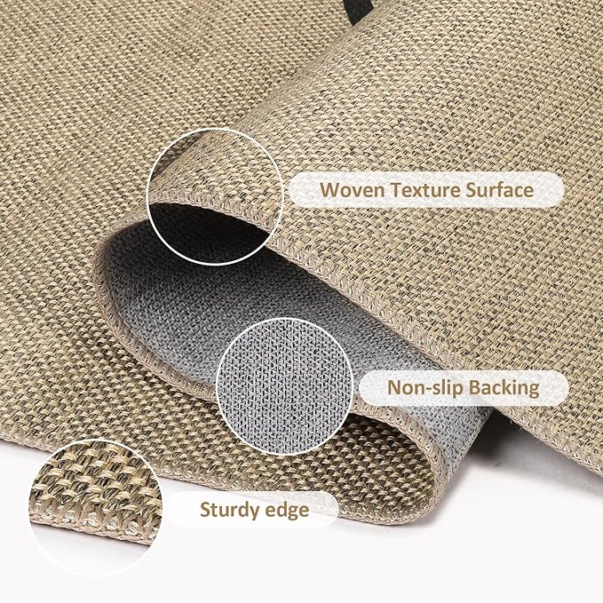 Easy Jute Area Rug 8x10, Large Living Room Washable Rug Indoor Outdoor Patio 8x10 Carpet, Farmhouse Rainbow Pattern Throw Non Slip Black Carpet for Backyard Dining Room, Light Brown/Black