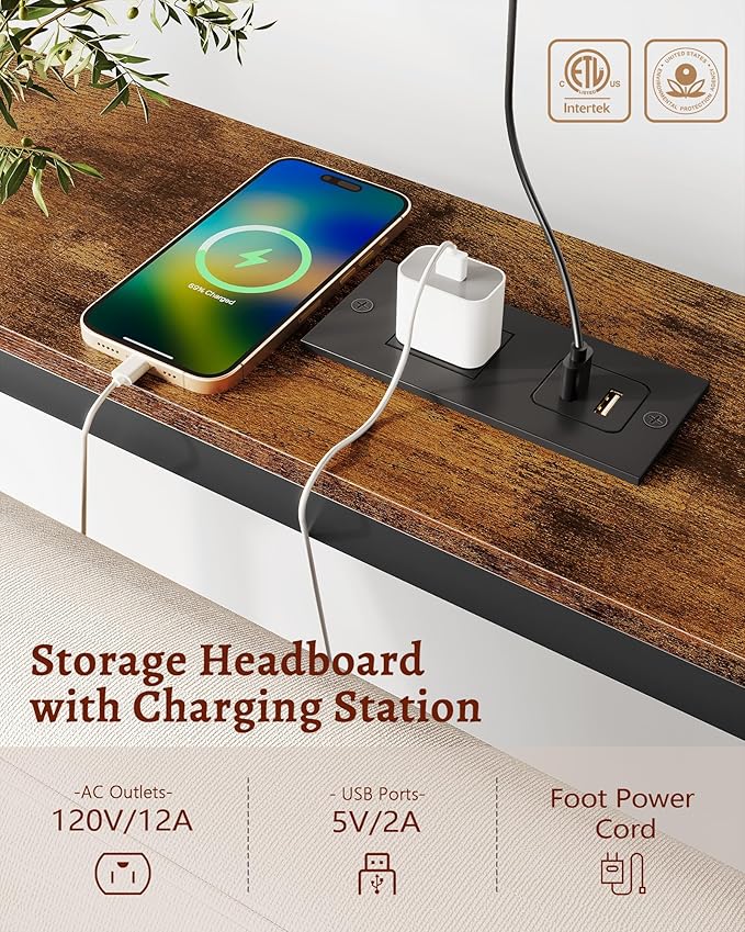 FAVOOSTY 5.9" Narrow Console Table with Led Light and Charging Station 46.8" Behind Couch Table Skinny Sofa Table with Power Outlets for Living Room, Hallway, EntryWay, Rustic Brown&Black