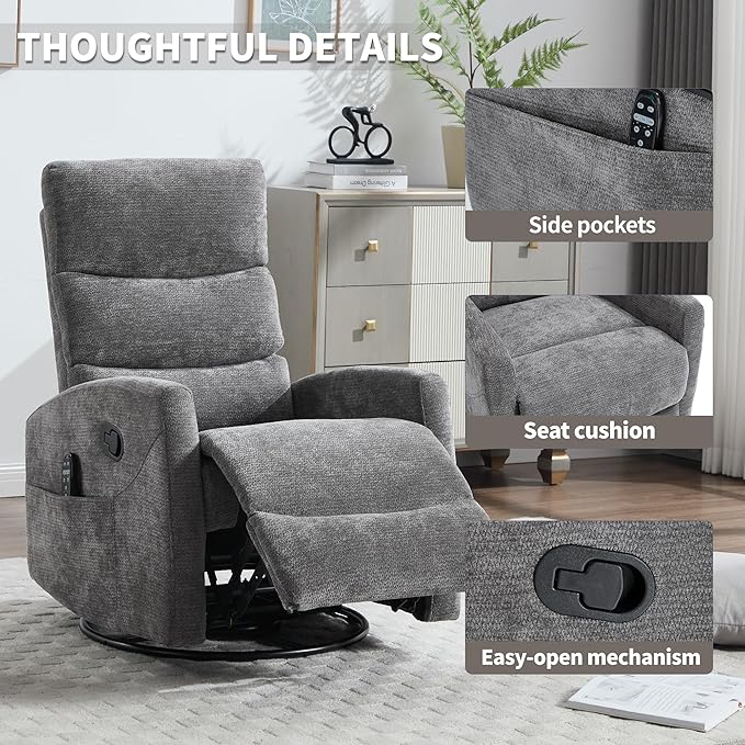 PELUMY Massage Recliner Chair with Heat - Manual Rocker Swivel Recliner, 360° Rotation & 155° Recline for Living Room（Linen Fabric, Grey）