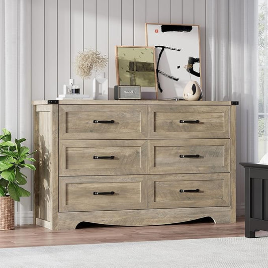 6-Drawer Dresser for Bedroom – 47" Wide Modern Wooden Chest with Natural Wood Texture, TV Stand & Storage, Metal Corner Brackets, Wood Drawer Organizer for Living Room, Hallway