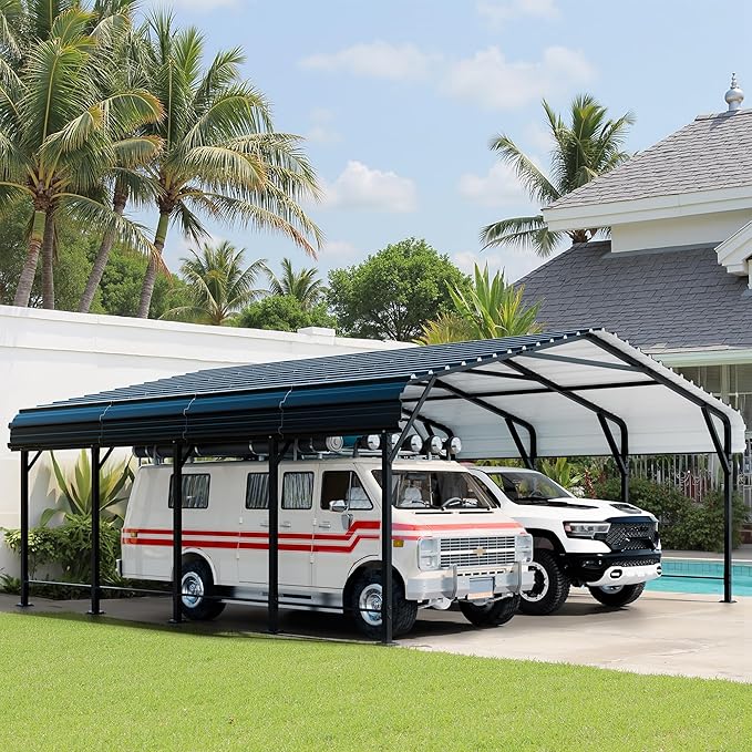 Shintenchi 20x20 FT Carport,Heavy Duty Carports Canopy with Steel Roof and Frame,Metal Carport with Enhanced Base Oversized Garage Outdoor Galvanized Shelter for Cars, Boats and Tractors