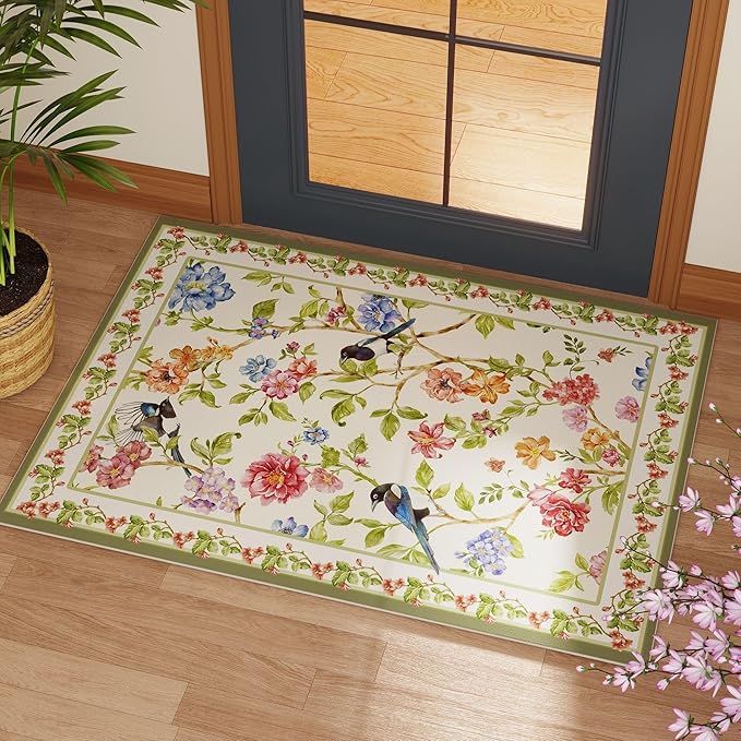 Door Mat Indoor Entrance 2x3 Rug Machine Washable Floral Bird Magpies Animal Small Area Rug Non-Slip Low Pile Throw Rugs for Entryway, Kitchen, Front Door Indoor Entrance, Entry, Kids Room