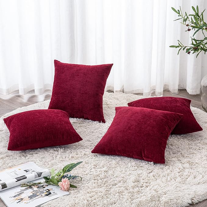 GAWAMAY Decorative Square Throw Pillow Covers 18"x18" Inch Set of 4, Super Soft Chenille Pillows Cover Fall Pillowcase for Living Room Bedroom Sofa Couch Cushion Cover Burgundy Red 45x45cm