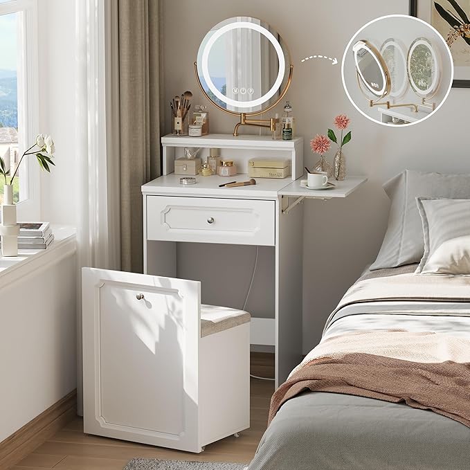 3 in 1 Small Vanity, Makeup Vanity Desk with Rotatable Mirror and Lights, White Make Up Vanity Table with 3 Adjustable Lighted and Chair for Compact Space, Corner Mini Makeup Table with Fold-up Panel