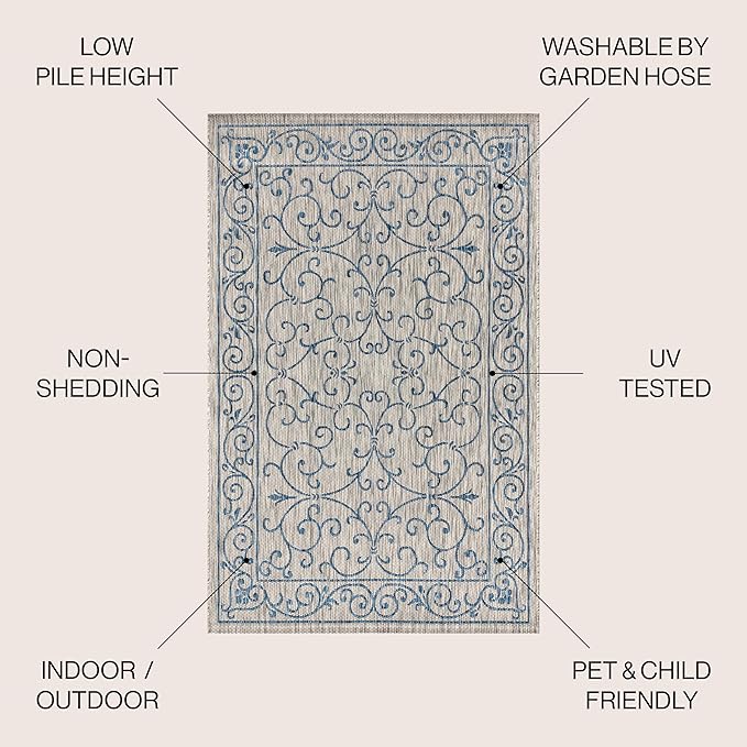 JONATHAN Y SMB106C-6R Charleston Vintage Filigree Textured Weave Gray/Navy 6' Round Indoor/Outdoor Area Rug, Pet Friendly, Non-Shedding, Stain Resistant, Easy-Cleaning for Backyard, Patio, Porch