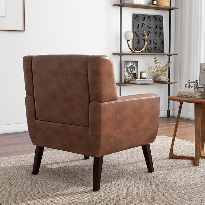 Accent Chair, Mid-Century Modern PU Leather Chairs with Arms for Living Room, Comfy Upholstered Club Single Sofa Armchair for Bedroom Waiting Room with Solid Wood Frame（Leather Coffee, Set of 2)