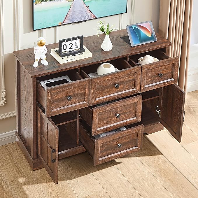 5+2 Dresser for Bedroom, Cherry Dressers Storage with Wooden Drawers and Cross Door, TV Stand Chest of Drawers for Bedroom, Living Room