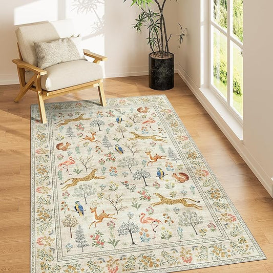 DUKINO 4x6 Rug, Washable Animal Area Rug with Non Slip Vintage Design, Indoor Soft Low Pile Carpet for Bedroom, Nursery, Dining Room, Farmhouse, Playroom, White