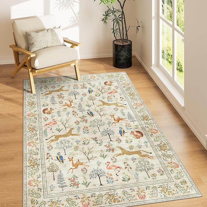 DUKINO 3x5 Rug, Washable Animal Area Rug with Non Slip Vintage Design, Indoor Soft Low Pile Carpet for Bedroom, Nursery, Dining Room, Farmhouse, Playroom, White