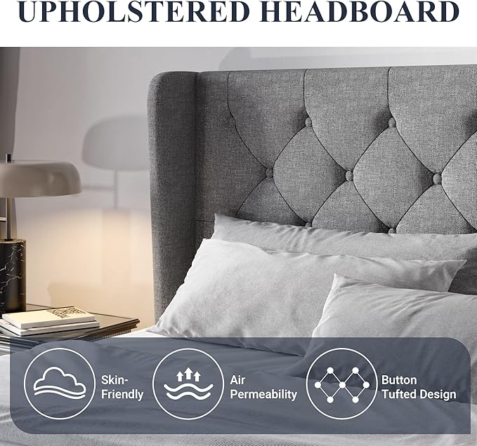 Allewie King Size Upholstered Platform Bed Frame with Wingback and Button Tufted Headboard for Reading, Strong Wood Slat Support, Modern Design, Easy Assembly, Light Grey