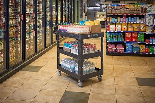 Rubbermaid Commercial Brute 3-Shelf Heavy-Duty Utility/Service Cart, Medium, High Storage, Lipped Shelves, Ergonomic Handle, 600 lb. Capacity, Ideal for Warehouse/Garage/Cleaning/Maintenance/Office