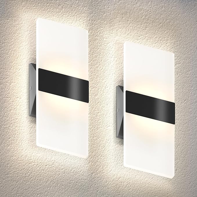 ASD 12 Inch LED Indoor Wall Sconce - Modern Interior 12W 2700K-5000K Adjustable Dimmable Wall Mounted Light Fixtures, Acrylic Glass Wall Lights for Stairway, Hallway - UL, Matte Black, 2 Pack
