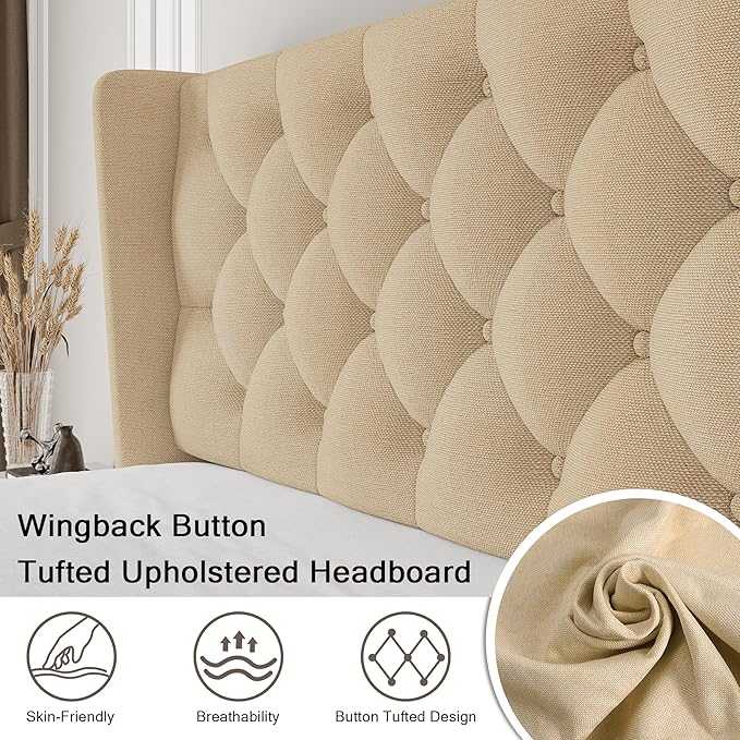 King Size Upholstered Bed Frame with Wingback Headboard, Fabric Linen Platform Bed, 8" Under Bed Storage, Wooden and Metal Slats Support, No Box Spring Needed, Beige