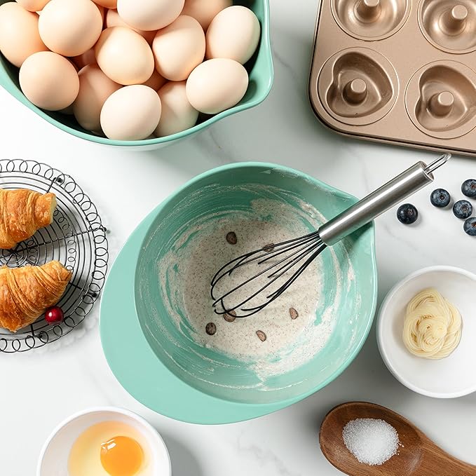 LEHAHA Mixing Bowls with Pour Spout, set of 3, Non-Slip, Nesting and Saving Space Design, Versatile Melamine Bowl with large handle for Prepping, Baking, Cooking, Kitchen Cooking and Baking. Green