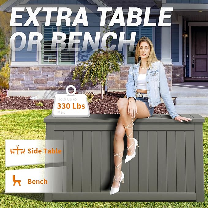 NUNU LAB 230 Gallon Large Resin Deck Box, Waterproof Outdoor Storage Box, Lockable Storage Bin for Patio Furniture, Garden Tools, Pool Accessories, UV-Resistant & All-Weather, Grey