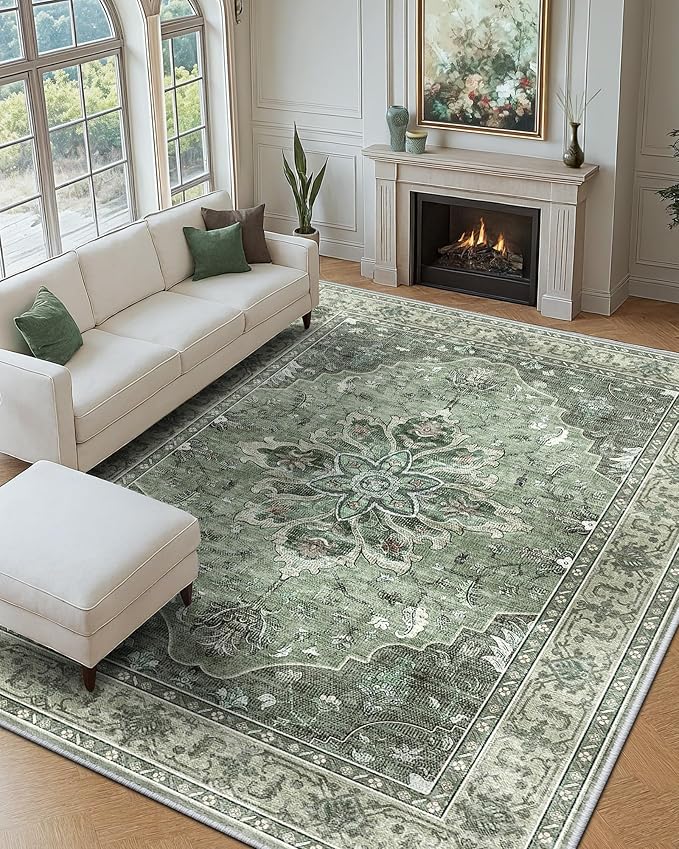 Area Rugs 6'x9' Washable Non-Slip, Floral Vintage Distress Print Pattern Medallion Carpet for Living Room Bedroom Dining Room, Dark Green Gray