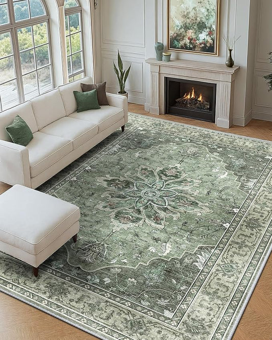 Area Rugs 9'x12' Washable Non-Slip, Floral Vintage Distress Print Pattern Medallion Carpet for Living Room Bedroom Dining Room, Dark Green Gray