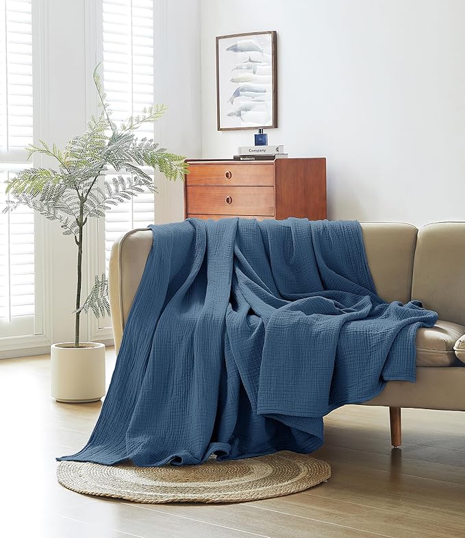 100% Cotton Muslin Queen Blanket (90" x 90") – A Luxuriously Soft, 4-Layer Lightweight and Breathable Gauze Blanket, Perfect for Year-Round use on beds, couches (Pacific Blue, Queen)