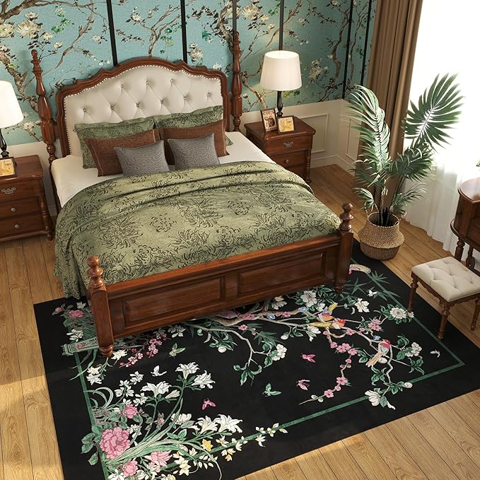 5x7 Area Rugs Chinoiserie-Style Floral Vintage Large Washable Rug Non Slip Low Pile for Living Room, Bedroom, Farmhouse, Dining Room, Kids Playroom, Black
