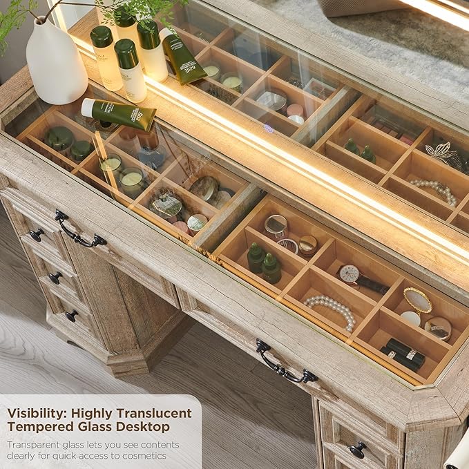 Vanity Desk with Mirror and Lights, 48'' LED Lights Farmhouse Makeup Vanity with 8 Drawers, Vanity Table with 3 Color Modes, Dressing Table with Glass Top and Power for Bedroom(Light Rustic Oak)