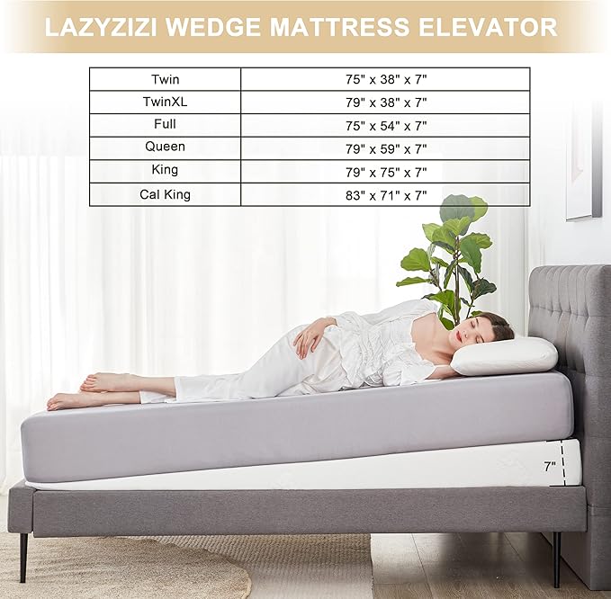Wedge Mattress Elevator 7-Inch Inclined Mattress Topper for Acid Reflux, GERD, Neck & Back Pain, Snoring, Under Bed Wedge Mattress with Washable Cover & Non-Slip Bottom for Bedroom, Twin
