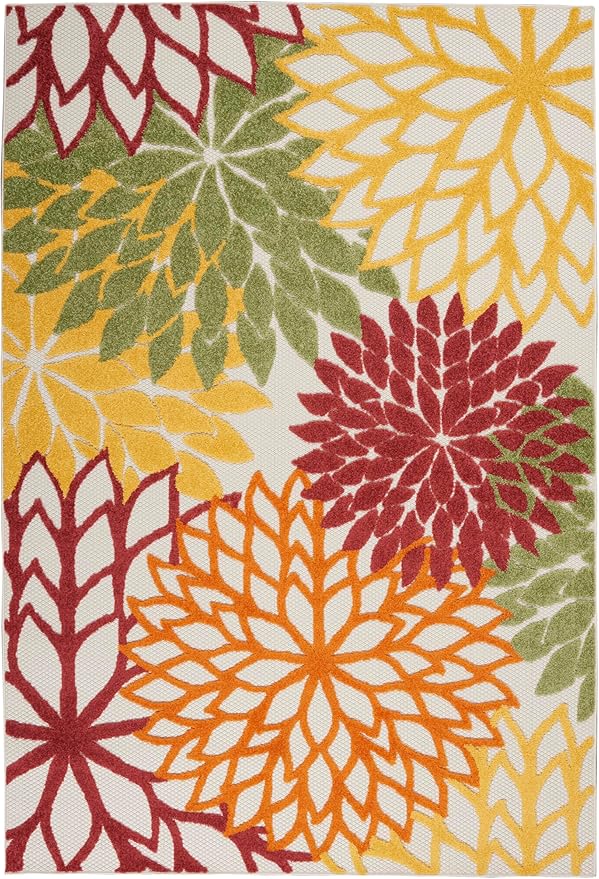 Nourison Aloha Indoor/Outdoor Red Multi Colored 6' x 9' Area Rug, Tropical, Botanical, Easy Cleaning, Non Shedding, Bed Room, Living Room, Dining Room, Deck, Backyard, Patio (6x9)