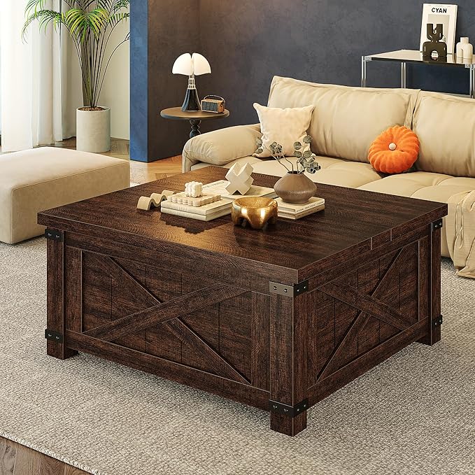 EnHomee Coffee Table with Storage 35.7" W Lift Top Coffee Tables for Living Room, Farmhouse Coffee Table, Living Room Tables, Square, Brown