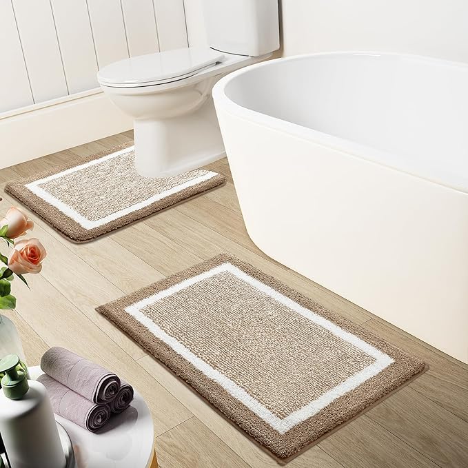 OLANLY Toilet Rugs U-Shaped 24x20, Extra Soft and Absorbent Microfiber Bathroom Rugs, Non-Slip, Machine Wash Dry, Plush Shaggy Contour Bath Mats for Toilet Base (Tan and White)