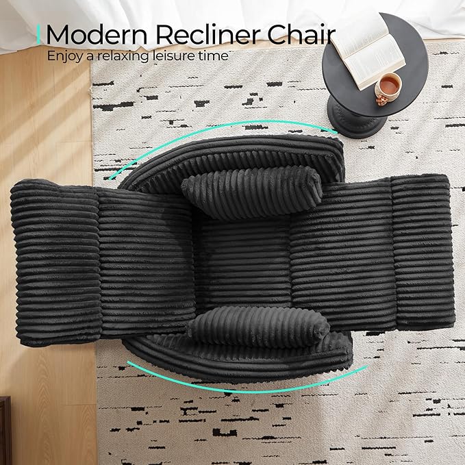 LINSY 360 Swivel Recliner Chair - Corduroy Nursery Glider Rocking Chair with 2 Pillows, Comfy High Back Adult Recliner for Small Spaces, Nursery Bedroom Living Room Reclining (Black)